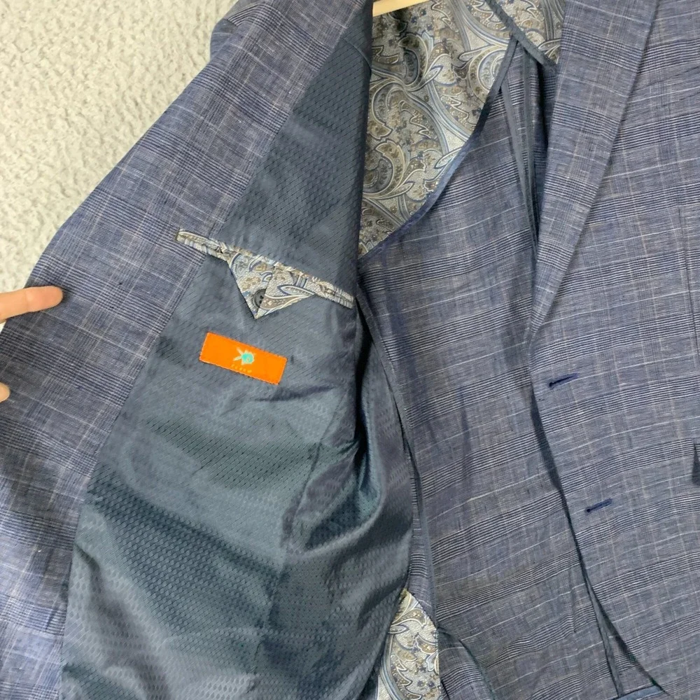 Egara Blazer 100% Linen Windowpane Plaid Navy‎ Unlined Two Button Sport Coat